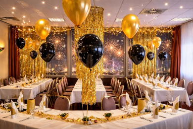 Silvesterdekoration mit Latexballons in Schwarz und Gold